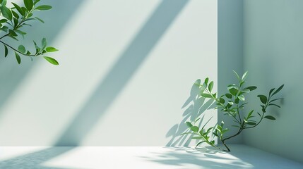 Simple background image   perspective of corner of room with shadows from different angles delicate light pistachio color Branch with fresh green leaves in corner of image : Generative AI