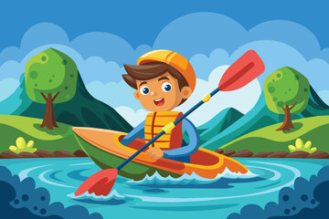 A boy is navigating a kayak in the river, Kayaking Customizable Cartoon Illustration
