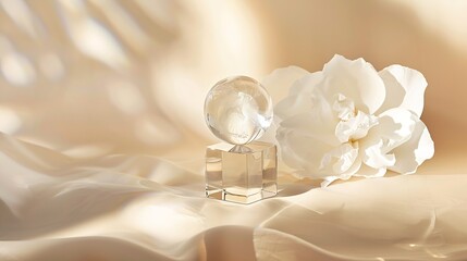 Skincare and cosmetic product showcase stand photography for online marketing include crystal ball and crystal cube stand on beige background with white flower : Generative AI