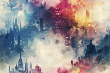 Illustrate a captivating rear view of a mysterious figure blending a medieval castle with futuristic skyscrapers, using vibrant watercolors to evoke a dreamlike quality