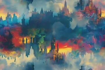 Illustrate a captivating rear view of a mysterious figure blending a medieval castle with futuristic skyscrapers, using vibrant watercolors to evoke a dreamlike quality