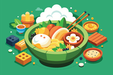 A bowl filled with various types of Korean food, customizable and illustrated in a flat style, Korean food Customizable Flat Illustration