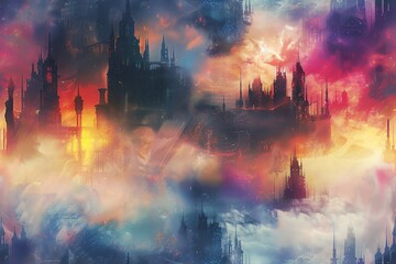 Illustrate a captivating rear view of a mysterious figure blending a medieval castle with futuristic skyscrapers, using vibrant watercolors to evoke a dreamlike quality