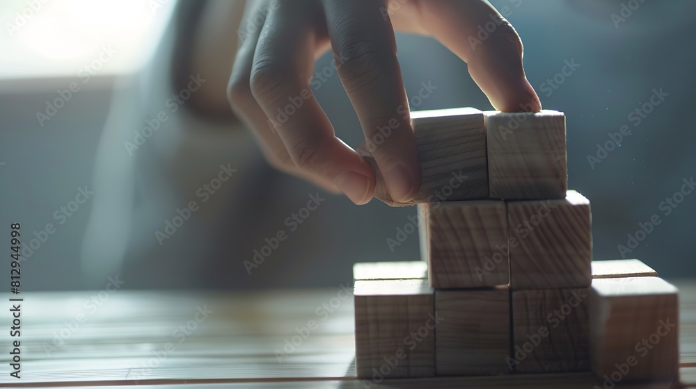Fototapete Hand putting and array wooden cube stacking for job and technology progress update concept : Generative AI