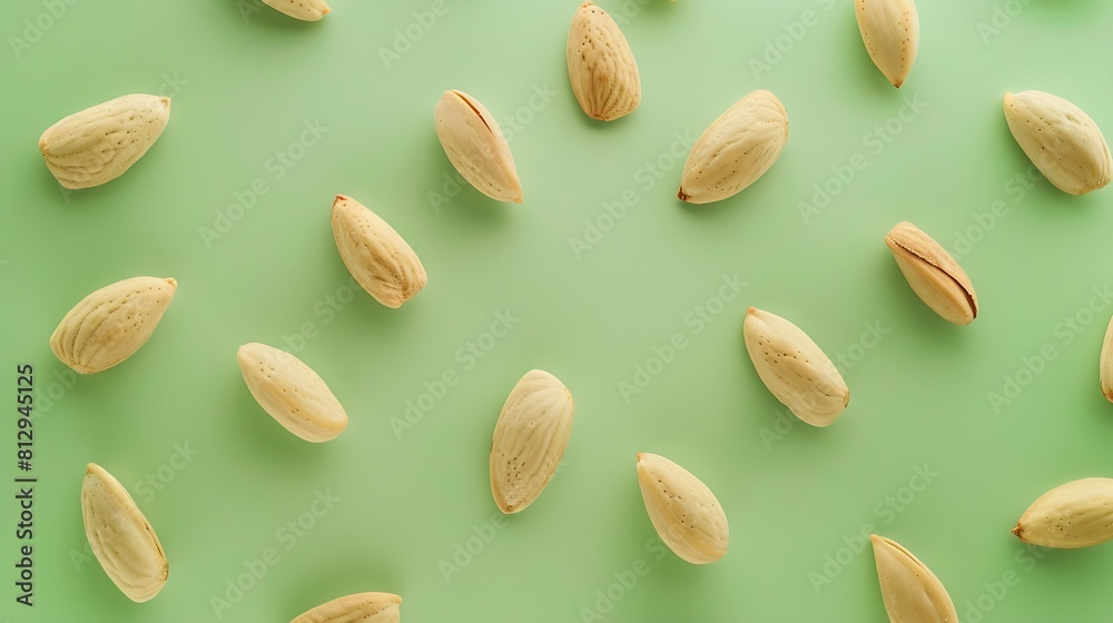 Poster creative layout made of almond on the green background flat lay food concept macro concept : generat