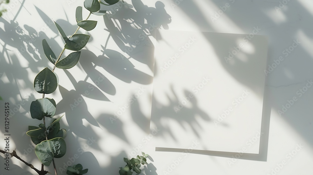 Poster Empty paper card and eucalyptus branches on the white table Natural sunlight with trendy shadows Minimalist style mockup : Generative AI