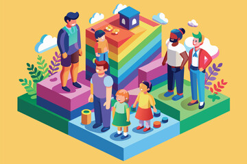 Several individuals standing together on a rainbow colored block, Lgbt family Customizable Isometric Illustration