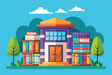 A house entirely covered in numerous books stacked on top of each other, Library Customizable Cartoon Illustration