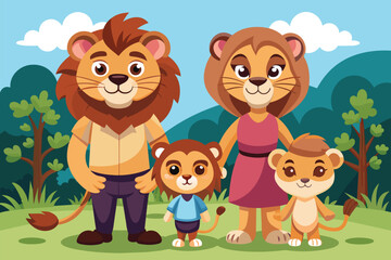 Fototapeta premium A group of lions, consisting of both adults and cubs, standing closely beside each other in a unified display, Lion family Customizable Cartoon Illustration
