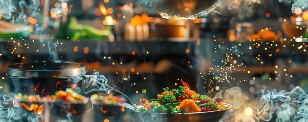 Immerse the viewer in a world where digital recipe projections blend with sizzling woks at a daring tilted perspective Show the fusion of advanced tech with gastronomic delights th