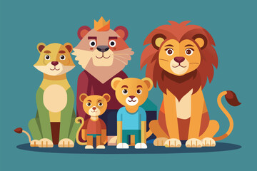 Fototapeta premium A cluster of lions gathered closely together, sitting side by side in a simple formation, Lion family Customizable Flat Illustration