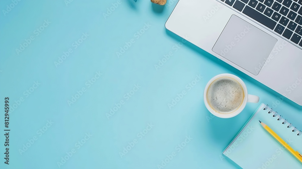 Poster minimal work space creative flat lay photo of workspace desk top view office desk with laptop notebo