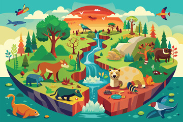Naklejka premium Various animals of different colors and sizes moving around in a lush forest setting, Loss of biodiversity Customizable Disproportionate Illustration