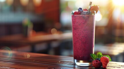 Fresh berry smoothie in a tall glass, morning light, closeup, vibrant reds and purples