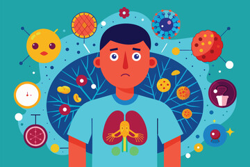 A man wearing a blue shirt is surrounded by various objects of different types and sizes, Lymphoma Customizable Disproportionate Illustration