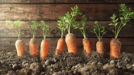 Fresh organic carrots with soil, closeup, rustic wooden background, natural light