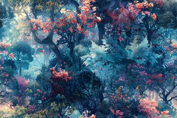 Transform a traditional landscape into a surreal masterpiece by infusing elements of artificial intelligence Imagine a forest with technologically enhanced trees and animals