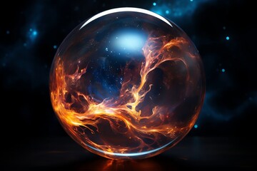 A surreal stock image of a beautifully rendered nebula encased in a clear glass orb, set against a stark black background to enhance the cosmic colors