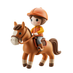 3D rendering of a child riding a horse. The child is wearing a yellow shirt and an orange hat. The horse is brown and has a white mane and tail, transparent background. isolated PNG