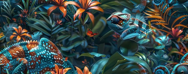 Visualize a clever chameleon skillfully blending into a vibrant jungle backdrop