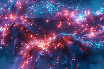 Visualize majestic unicorns using holographic interfaces, captured in dramatic low angle shots Add ethereal glows and sci-fi backdrops for a mesmerizing digital masterpiece