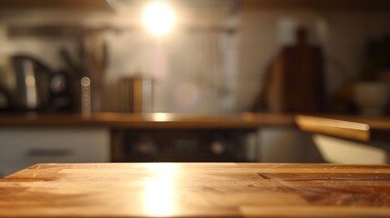 Obraz premium Selective focusWood table top on blur kitchen counter backgroundFor montage product display or design key visual layout : Generative AI