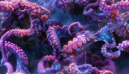 Fototapeta premium Bring to life the ethereal essence of a cybernetic octopus, its iridescent tentacles intertwining with mechanical gears, gliding through a bioluminescent underwater world