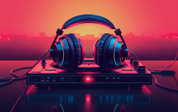 The headphone on the colorful bright room, playlist background