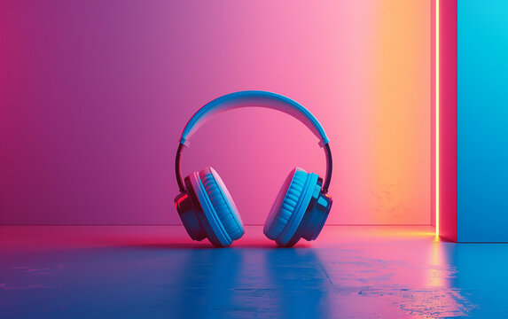The headphone on the colorful bright room, playlist background