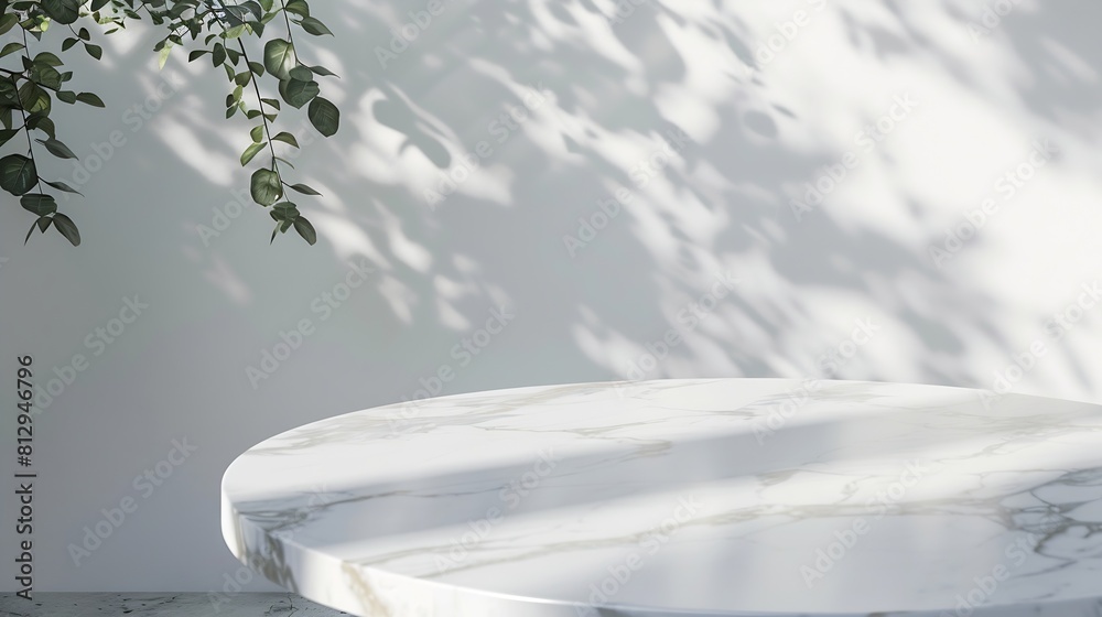 Fototapete Round marble table top with tree leaves shadow drop on white wall background for mockup product display : Generative AI