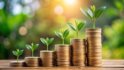 Coins with Growth Plant: A photo of coins arranged around a growing plant or sprout, representing financial growth, investments, or wealth accumulation over time.	
