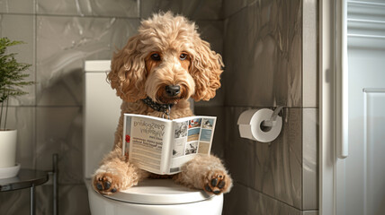 A dog is sitting on a toilet and reading a newspaper