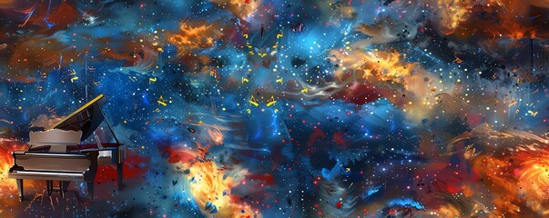 Capture a grand piano floating in a dreamy sky, surrounded by swirling galaxies of musical notes, painted with vibrant oil colors for a surreal, otherworldly effect
