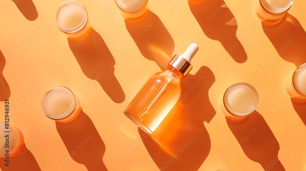 Poster seamless pattern of anti aging serum in glass bottle with dropper on pastel orange background creati