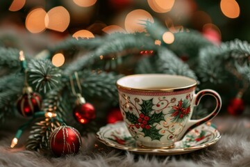 Decorative teacup amidst pine branches and warm holiday lights