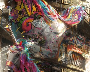 Capture a unicorn grazing peacefully amidst graffiti-covered city walls