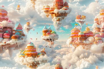 Capture a vibrant, panoramic view of a whimsical fantasy bakery floating on a cloud, filled with colorful pastries and chocolate rivers, using a surreal birds eye perspective
