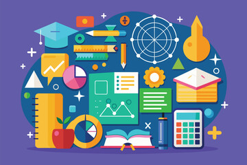 Naklejka premium Assorted school supplies on a purple background, including pens, pencils, rulers, notebooks, and erasers, Mathematics Customizable Flat Illustration