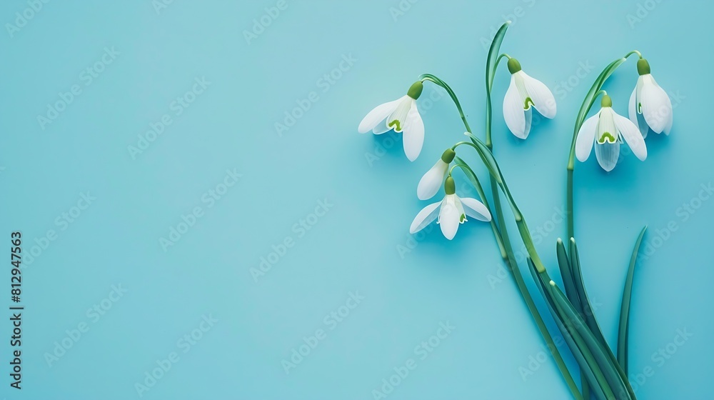Aufkleber creative layout made with snowdrop flowers on bright blue background flat lay spring minimal concept