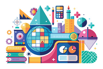 Assorted colorful objects scattered on a plain white background, creating a vibrant and dynamic composition, Mathematics Customizable Semi Flat Illustration