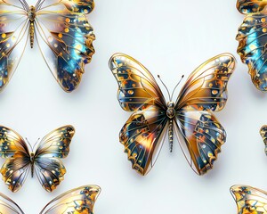 Capture the exquisite elegance of a metallic butterfly with CG 3D accuracy, showcasing its intricate wings and antenna from a unique high-angle perspective