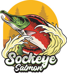 Vector Illustration of Sockeye Salmon and Waves with Vintage Illustration Available for Fishing Logo