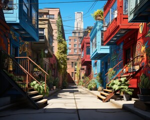 Obraz premium Craft a photorealistic scene of a hidden alley transformed into an urban art gallery, where graffiti intertwines with architectural details