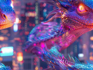 Capture the intricate scales of a shimmering dragon, set against neon skyscrapers, with a daring worms view angle, bringing fantastical realism to life