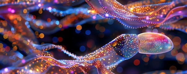 Compose a robotic squid gliding through the bioluminescent depths of the ocean