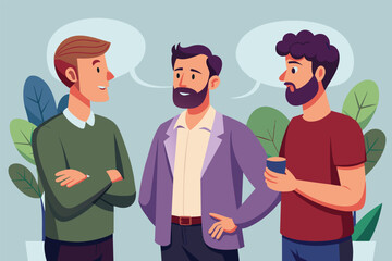 Fototapeta premium Three men in casual attire standing next to each other, engaged in conversation, Men talking Customizable Disproportionate Illustration