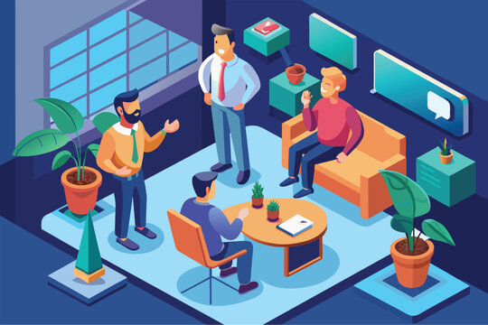 Men engaged in conversation at a table in a customizable isometric illustration, Men talking Customizable Isometric Illustration