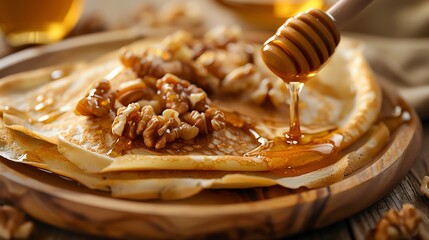 Rice flour crepes with honey and nuts, closeup, elegant plating, warm light