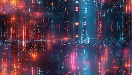 Fototapeta premium Craft a dynamic frontal view of a sleek, neon-lit cityscape intertwining with intricate holographic data streams in a harmonious blend of digital and traditional art techniques