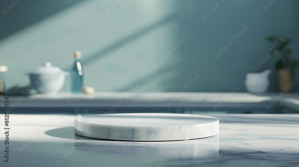 Poster Marble podium on kitchen table with space for product display : Generative AI